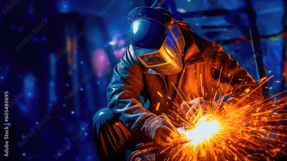 The welder is dressed in appropriate protective equipment for welding, performs the process of welding metal, producing numerous sparks. Generative AI The welder is dressed in appropriate protective equipment for welding, performs the process of welding metal, producing numerous sparks. Generative AI