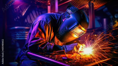 The welder is dressed in appropriate protective equipment for welding, performs the process of welding metal, producing numerous sparks. Generative AI