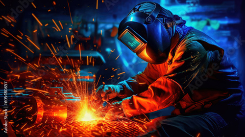 The welder is dressed in appropriate protective equipment for welding, performs the process of welding metal, producing numerous sparks. Generative AI photo