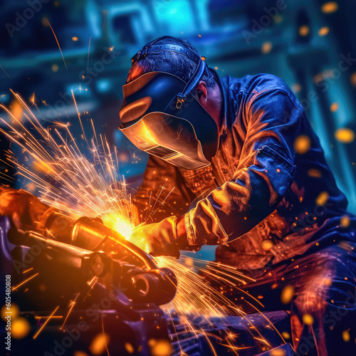 The welder is dressed in appropriate protective equipment for welding, performs the process of welding metal, producing numerous sparks. Generative AI © keks20034