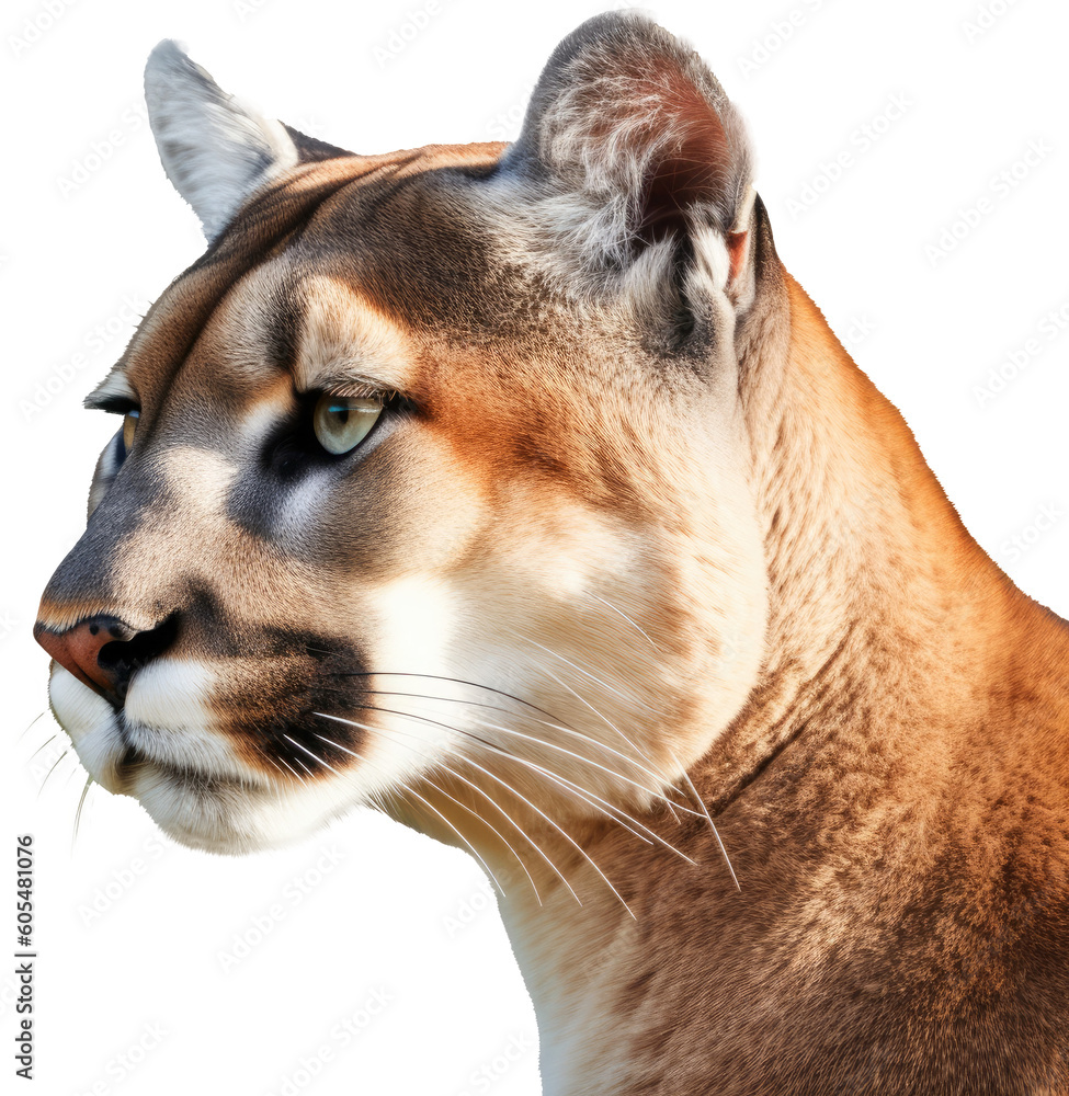 Close Up Portrait Of A Cougar Isolated On White Or Transparent close-up-portrait-of-a-cougar-isolated-on-white-or-transparent