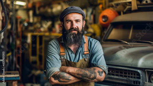 Master of Machines: Portrait of a Male Mechanic in an Auto Repair Shop, Generative AI