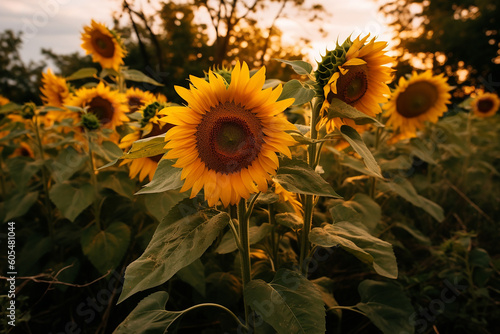 A field of sunflowers with the sun behind it photo