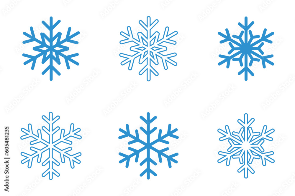 snowflakes icon set over white background, flat style, vector illustration. 6 snowflake icon in soft sky blue color. Suitable for Christmas design, winter season, etc snowflakes icon set over white background, flat style, vector illustration. 6 snowflake icon in soft sky blue color. Suitable for Christmas design, winter season, etc