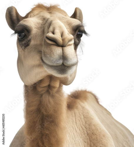 Close up portrait of a dromedary camel isolated on a white background as transparent PNG, generative AI animal photo