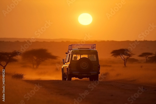 Safari vehicle driving through savanna sunset