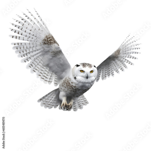 Flying snowy owl isolated on a transparent or white background as PNG, generative AI animal