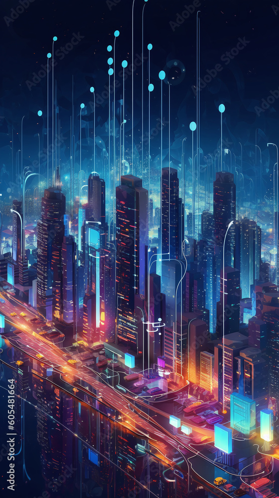 Conceptual illustration of a smart city with interconnected devices and ...