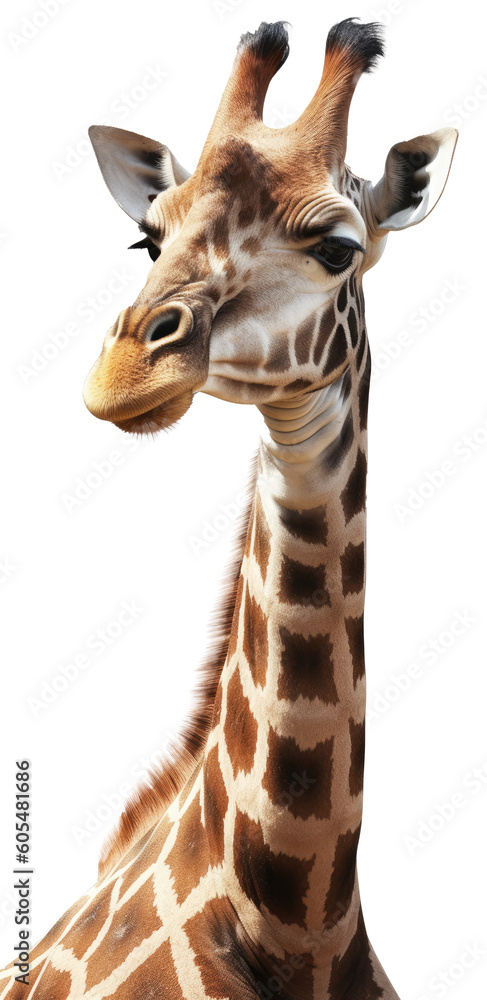 Close up portrait of a african giraffe isolated on a white background as transparent PNG, generative AI animal - obrazy, fototapety, plakaty 