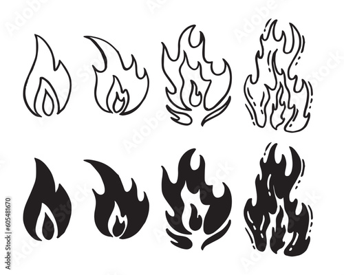 Hand drawn flames doodle set. Collection of pen ink pencil drawing sketches of fire twinkles isolated on transparent background. Illustration of nature phenomenon.