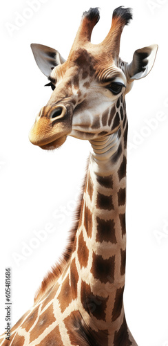 Close up portrait of a african giraffe isolated on a white background as transparent PNG, generative AI animal