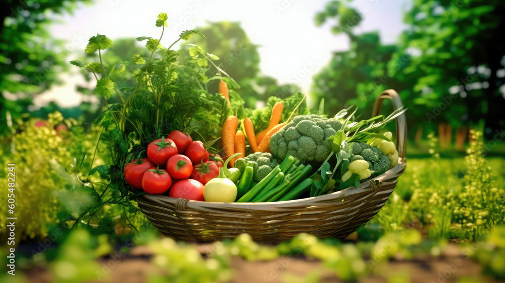 Fototapeta premium Fresh vegetables and herbs in a large basket on the background of field green plants. Generative AI