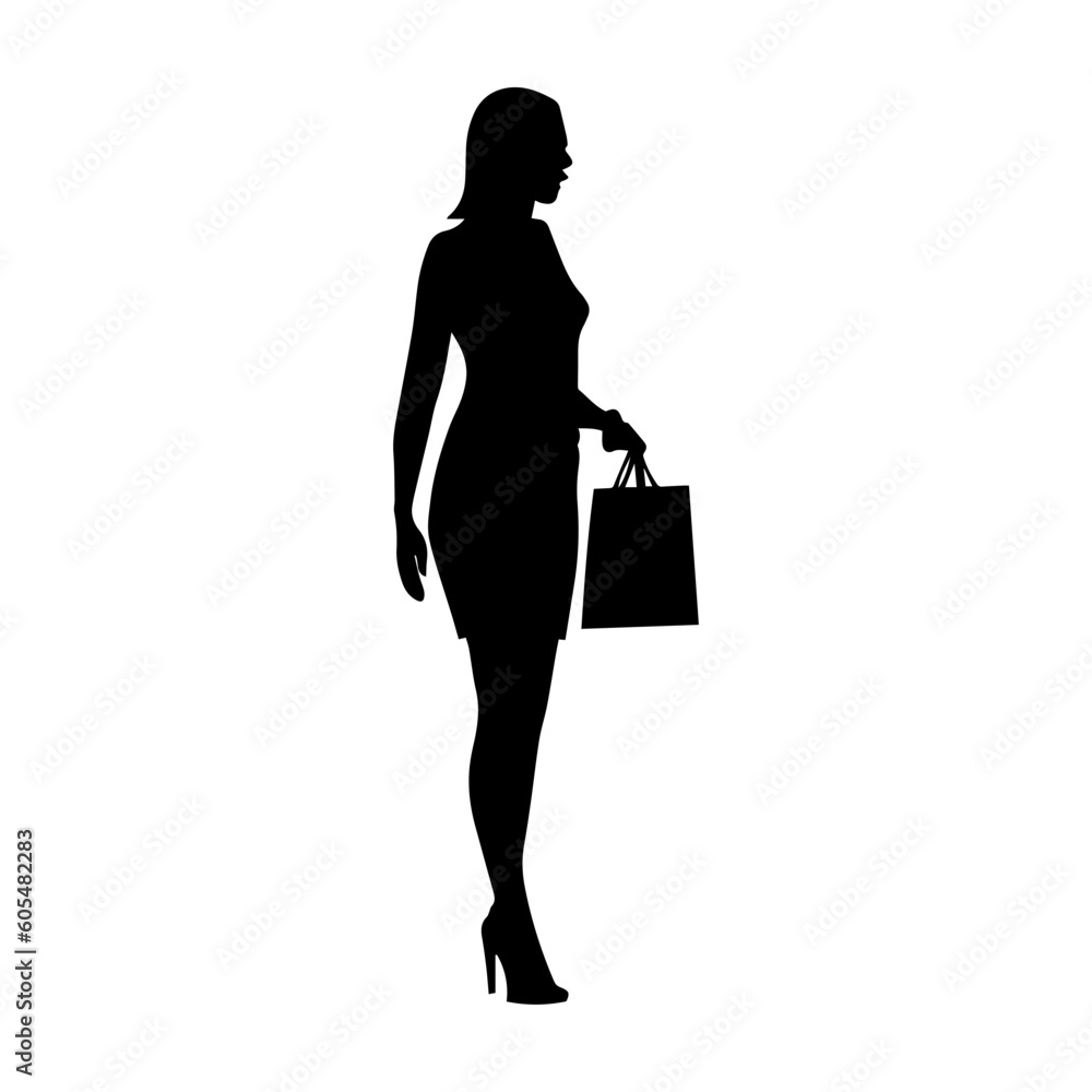 Vector illustration. Silhouette woman with purchases from the store. Shopping. Minimalism. Plastic bag.