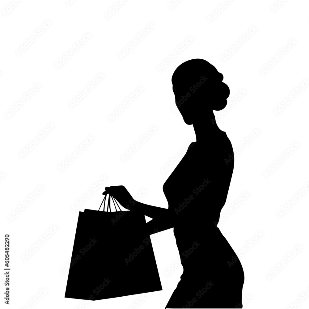Vector illustration. Silhouette woman with purchases from the store. Shopping. Minimalism. Plastic bag.
