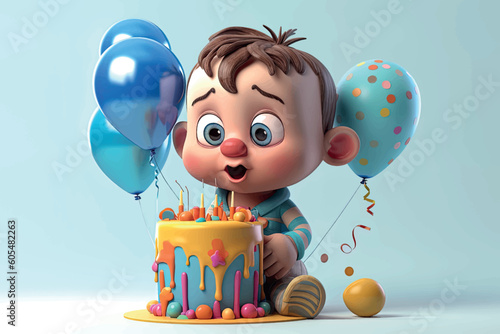 3D Cartoon Baby birthday with birthday cake and candles on studio background. Vector graphic