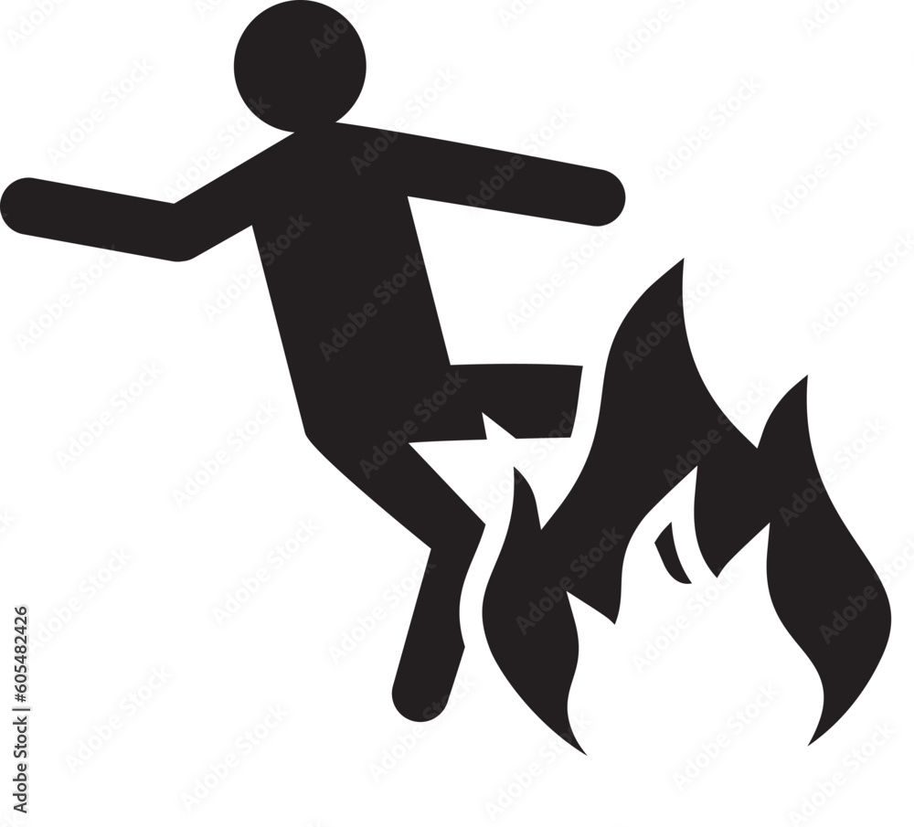 Burnt person illustration icon, flammable area warning Burnt person illustration icon, flammable area warning