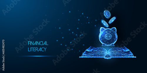 Financial literacy, budgeting, managing personal finances futuristic concept with book, piggy bank 
