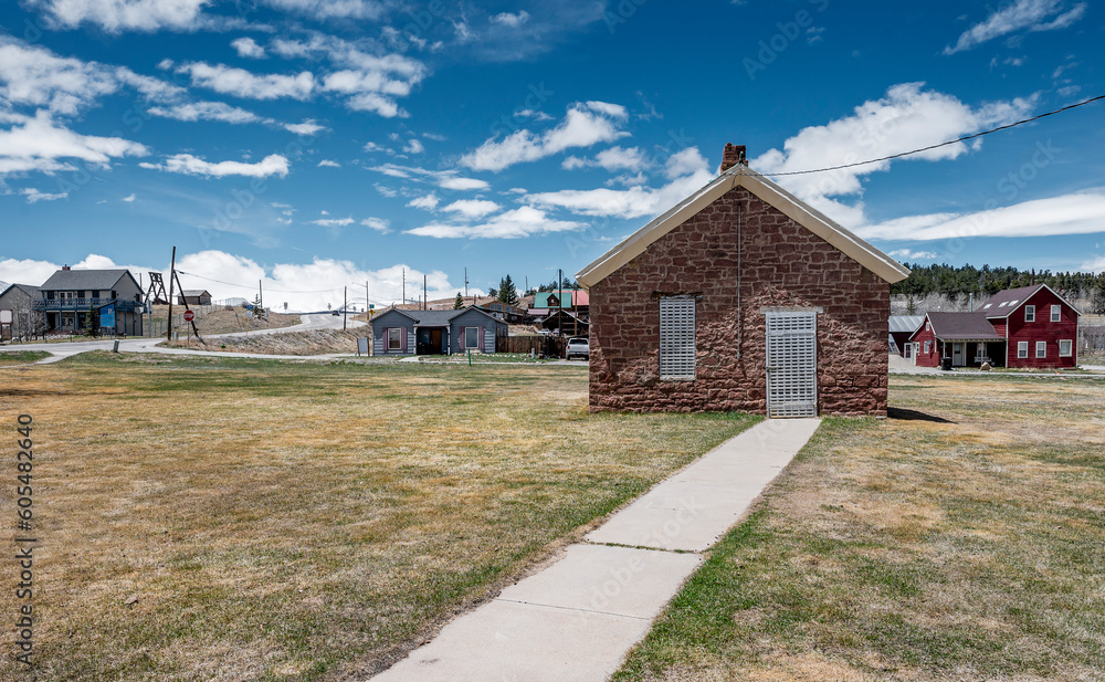 Exterior of the historic stone Park County Jail in Fairplay, Colorado, USA