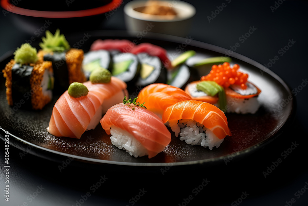 Sushi with salmon on a plate