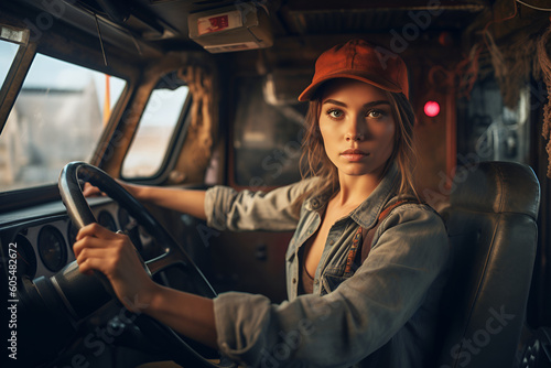 A young female driver in a baseball cap sits in the cab of a truck at the wheel