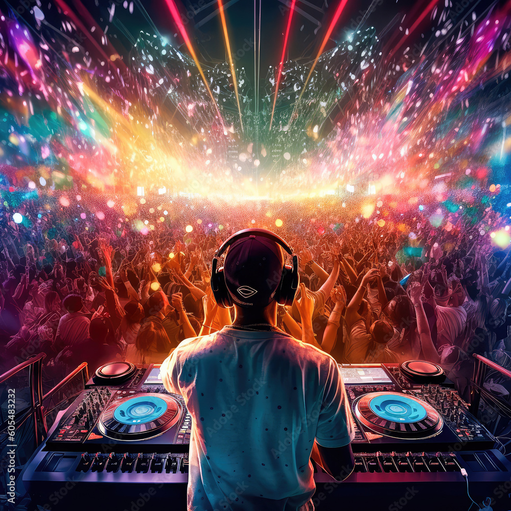 DJ wearing headphones standing in front of a crowded stage. Multicolored lights flashed everywhere. Generative AI