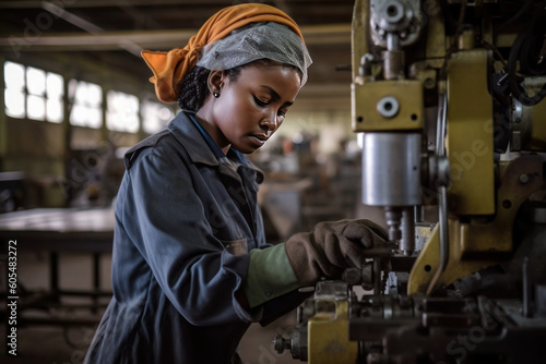 Portrait of african woman, factory worker, AI generated Generative AI