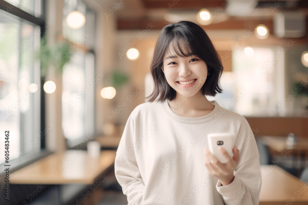 Attractive, charming, friendly 22 years old Japanese girl hold a mobile  phone in her hands at