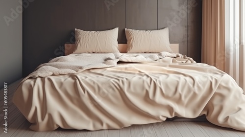bed with white pillows in hotel, ai generative 