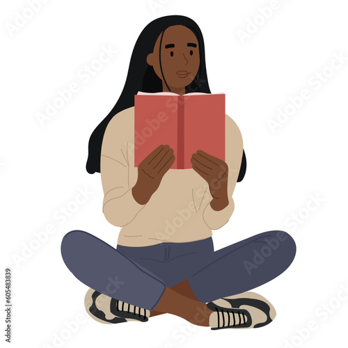 An illustration of a black skin woman reading.