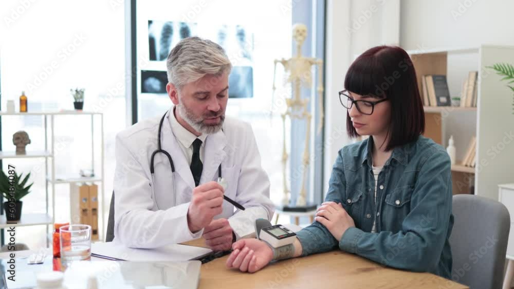 Happy adult people smiling while looking on screen of digital tonometer during medical examination in hospital. Joyful therapist with stethoscope greeting female patient with normal blood pressure. Happy adult people smiling while looking on screen of digital tonometer during medical examination in hospital. Joyful therapist with stethoscope greeting female patient with normal blood pressure.