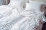 bed with white pillows in hotel, ai generative	