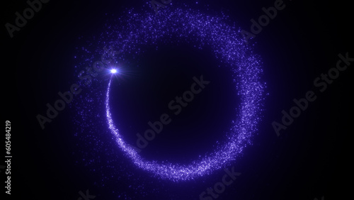 Bright flying sparks of particles, spinning in a circle, follow the flashing star.