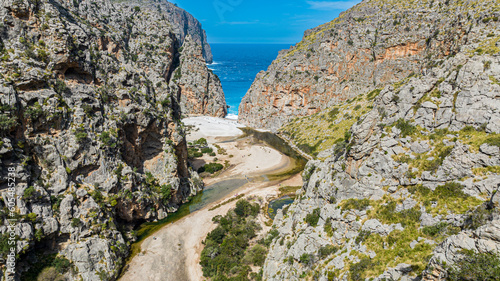 Aerial of the Gorge of Sa Calobra, Mallorca, Balearic Islands, Spain, Mediterranean, Europe photo