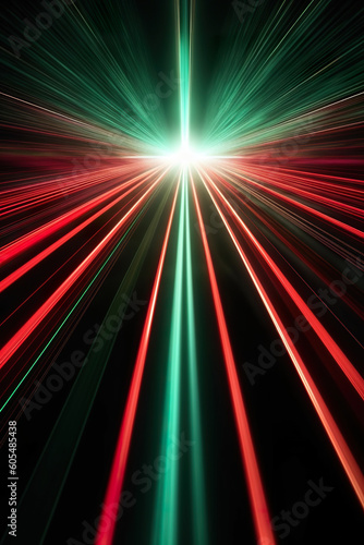 Abstract futuristic background high speed straight red green lines and bokeh glowing neon moving. High speed futuristic travel concept. Fantastic wallpaper,  Ai Generative