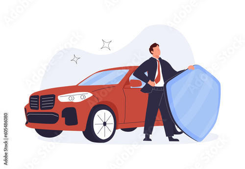 Car insurance policy finance form money concept. Car insurance icon vector document. Vector cartoon illustration for UI, car safety