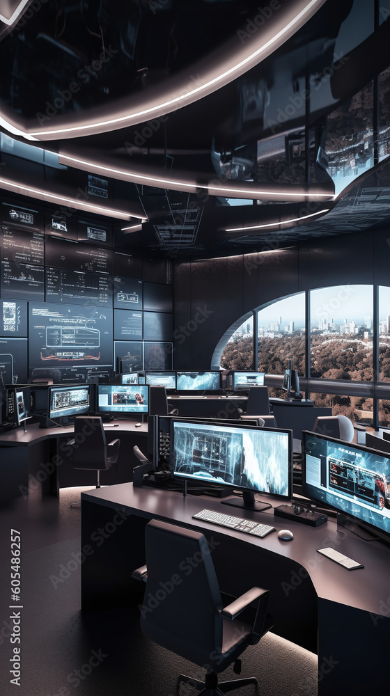 Modern office workspace with multiple computer screens and advanced technology Modern office workspace with multiple computer screens and advanced technology