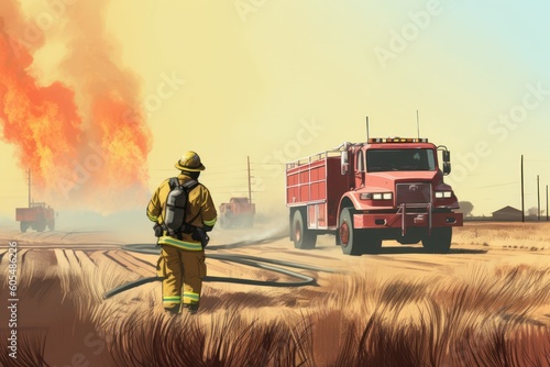  forest fire that has rapidly spread due to extreme hot weather. Firefighters with firetruck photo