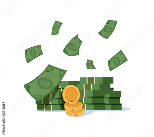 Money rain. Falling cartoon style paper dollars and gold coins. Casino win or business success. Vector illustration