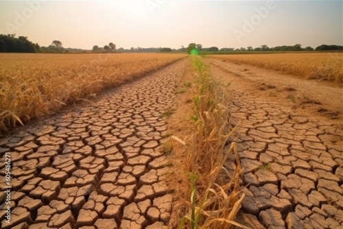 dry cracked ground on agricultural fields, dead plants, heatflation concept, rising temperatures