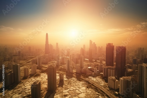 Hot day in megapolis with extreme temperatures, heatwave in the city, summer heatwave, cityscape