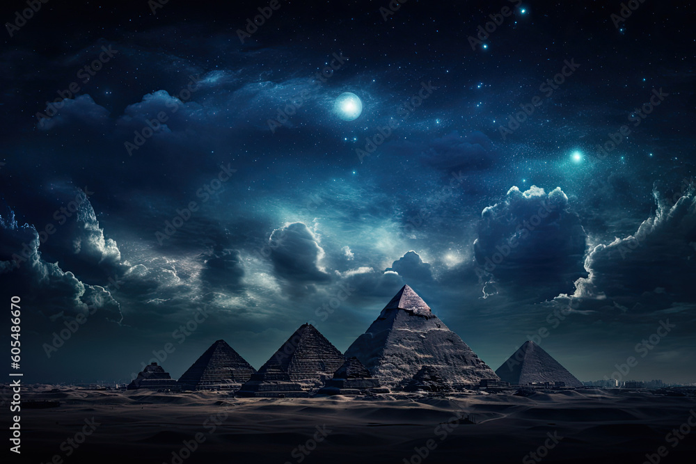 Pyramids in the night created with Generative AI - obrazy, fototapety, plakaty 