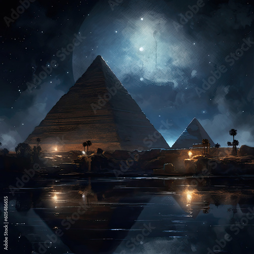 Pyramids at night created with Generative AI
