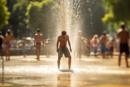 exhausted people cooling with splashes of water in fountain in extreme heat, heatwave