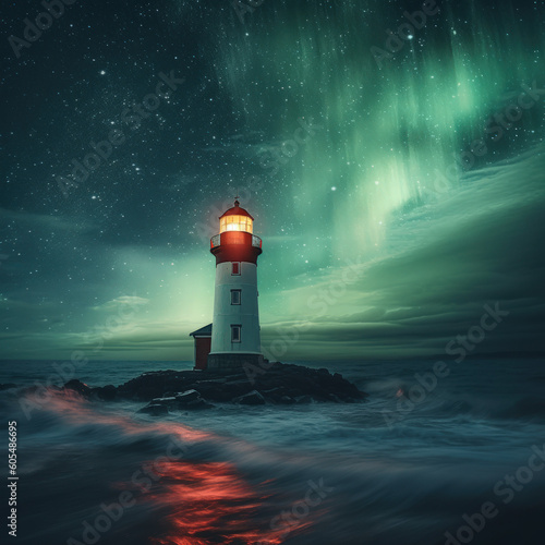 Lighthouse with Aurora Borealis, AI
