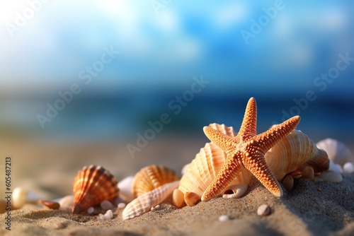closeup starfish and shells on the sandy shore defocused background of the sea. Generative AI