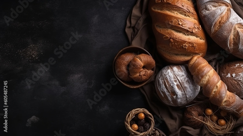 minimalistic background with bread and buns, bakery products, top view, free copy space, mockup