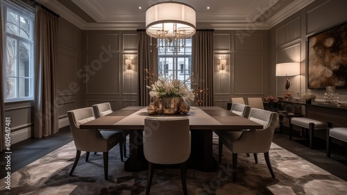 Interior design of Dining Room in Transitional style with Chandelier decorated with Linen Drapes, Wallpaper material. Modern architecture. Generative AI AIG24. photo