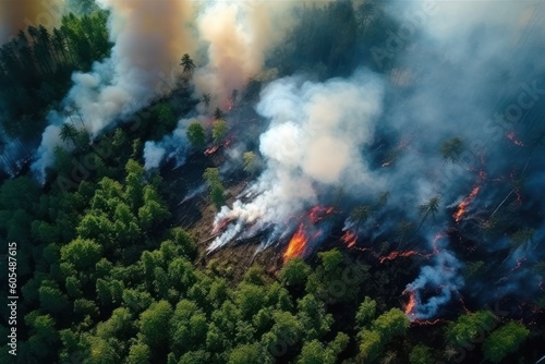Aerial view of wildfire flames and smoke in green forest burning trees caused by extreme hot weather