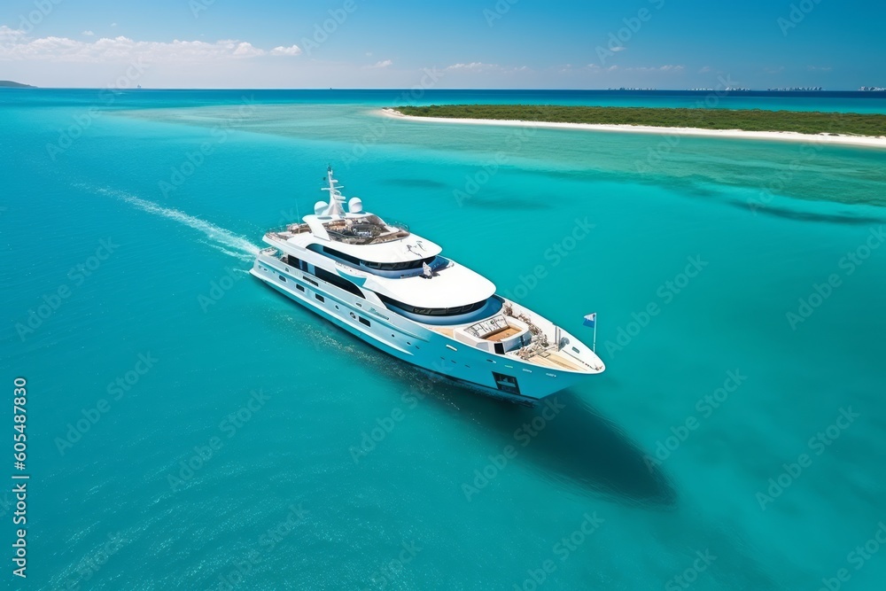 A panoramic view of a luxury yacht cruising along the coastline, surrounded by crystal-clear turquoise waters and a cloudless sky. Generative AI