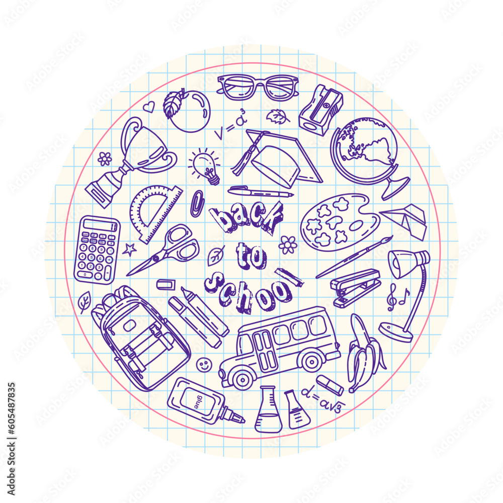 Vector illustration of school items and stationery. Hand drawn set of school supplies. Circle design. Sketch elements